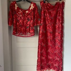 Red & tan Taylor made lace skirt & jacket set
